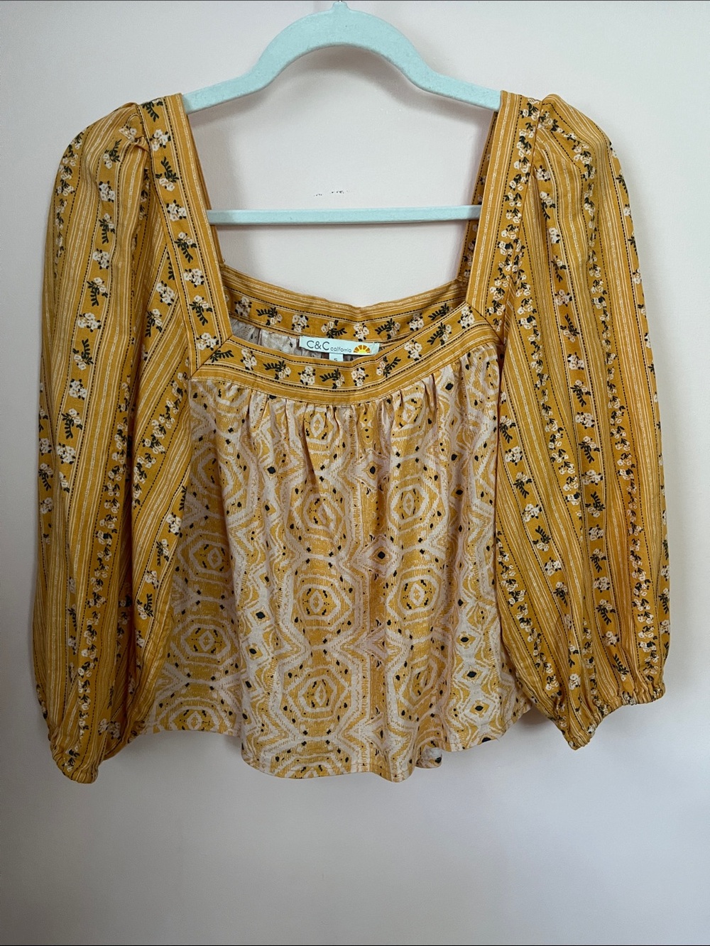 C&C CALIFORNIA Linen-Blend Square Neck Puff Sleeve Boho Peasant Top S